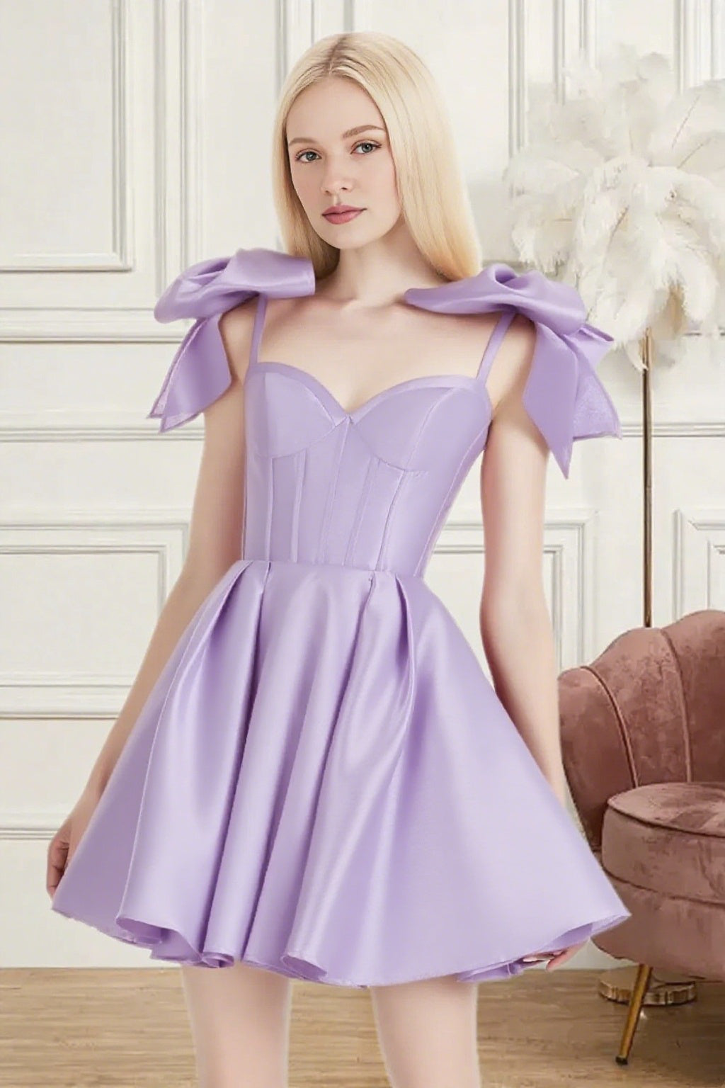 Dressime A Line Spaghetti Straps Bow Corset Satin Mini Homecoming Dress