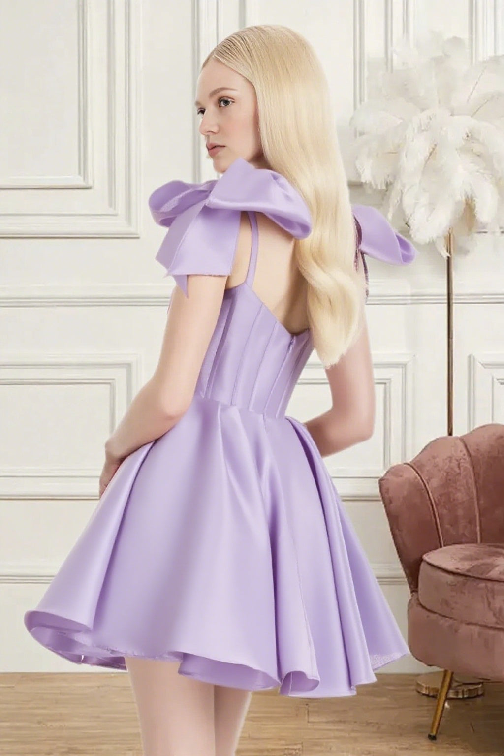 Dressime A Line Spaghetti Straps Bow Corset Satin Mini Homecoming Dress
