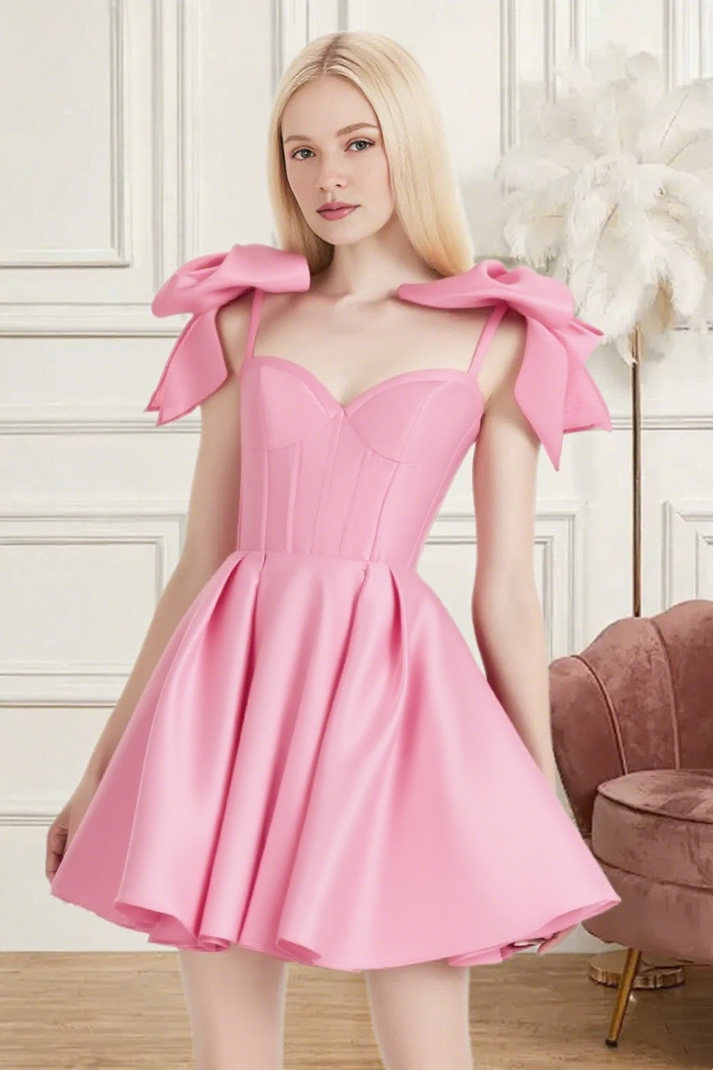 Dressime A Line Spaghetti Straps Bow Corset Satin Mini Homecoming Dress