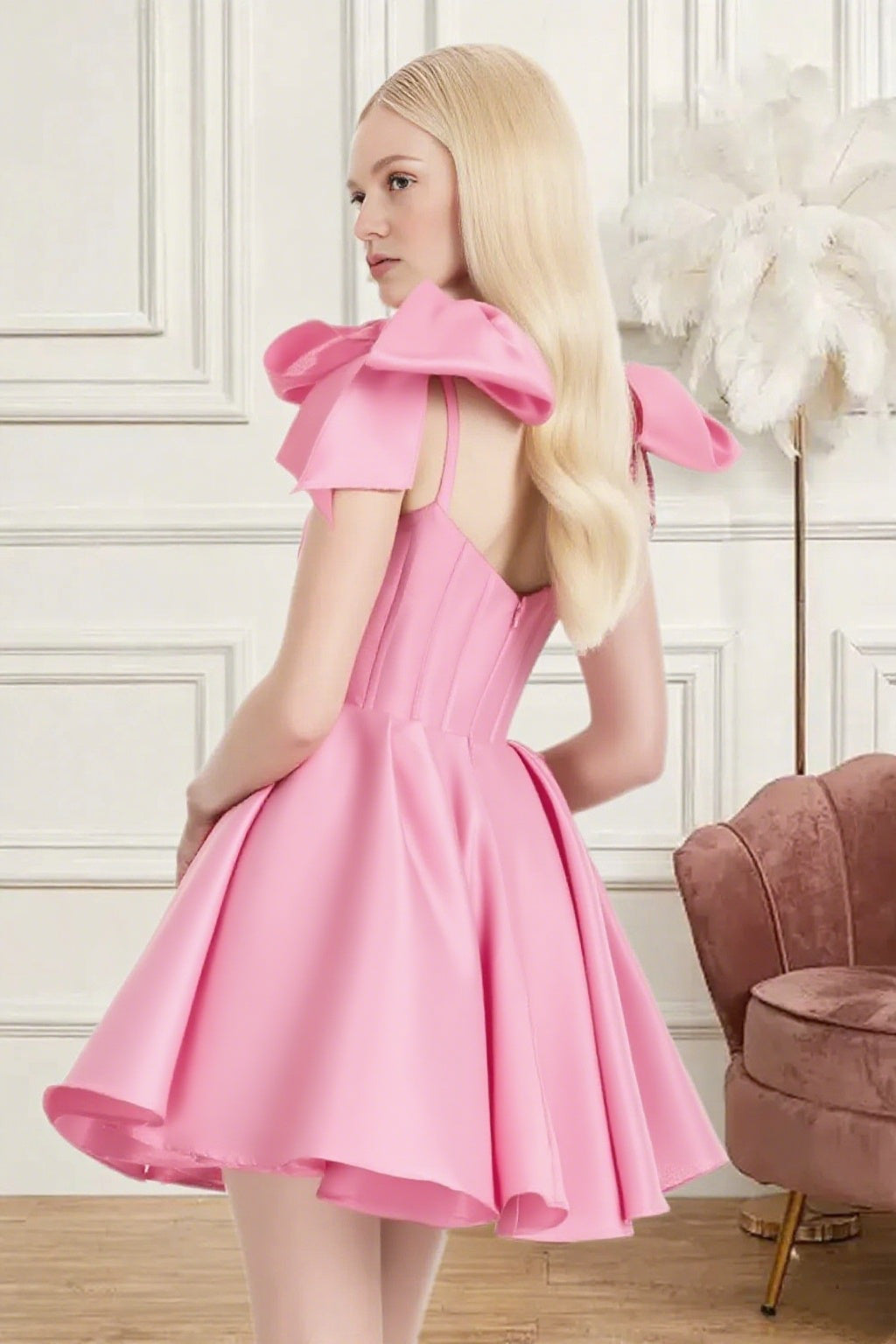 Dressime A Line Spaghetti Straps Bow Corset Satin Mini Homecoming Dress