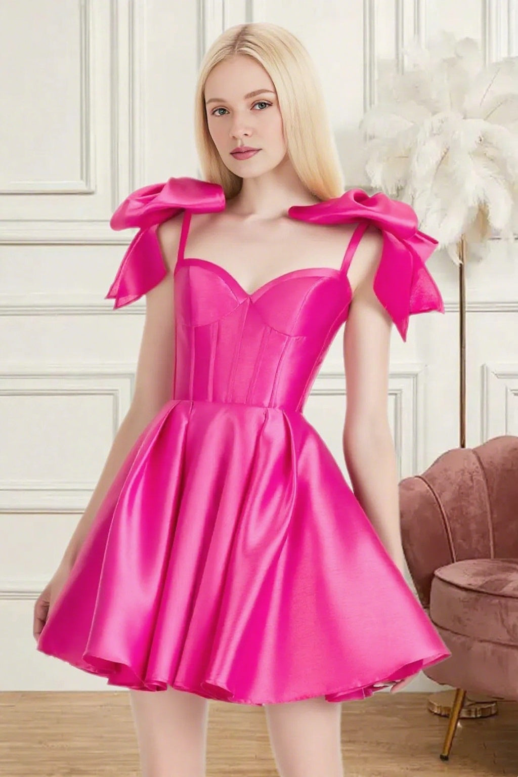 Dressime A Line Spaghetti Straps Bow Corset Satin Mini Homecoming Dress