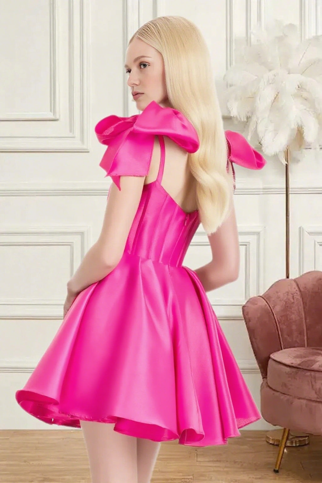 Dressime A Line Spaghetti Straps Bow Corset Satin Mini Homecoming Dress