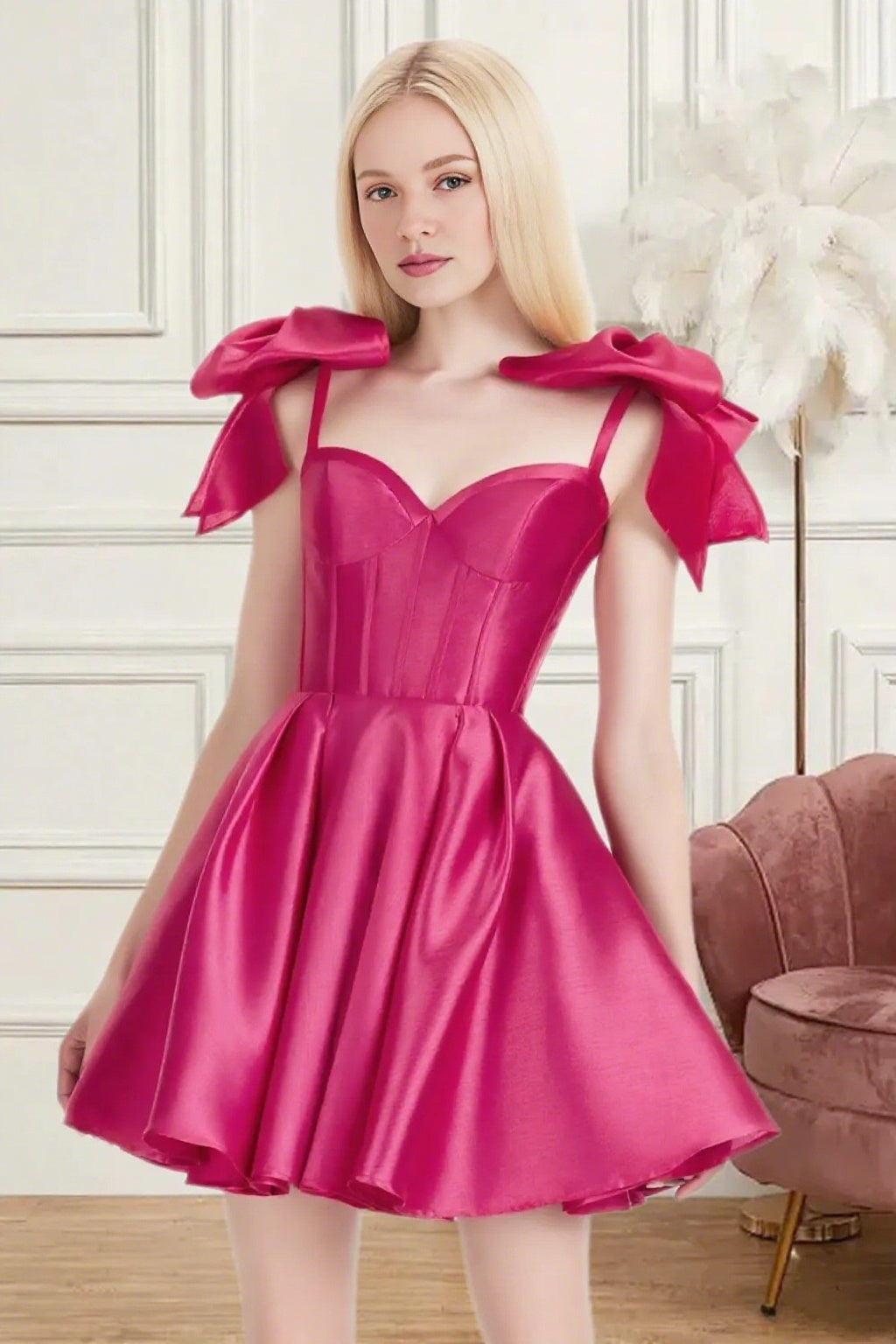 Dressime A Line Spaghetti Straps Bow Corset Satin Mini Homecoming Dress