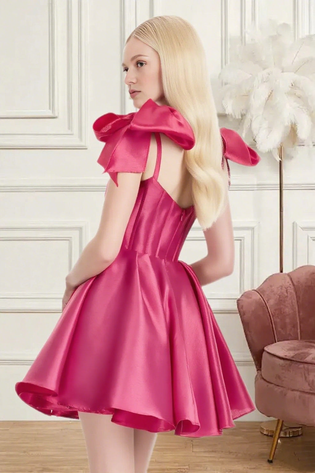 Dressime A Line Spaghetti Straps Bow Corset Satin Mini Homecoming Dress