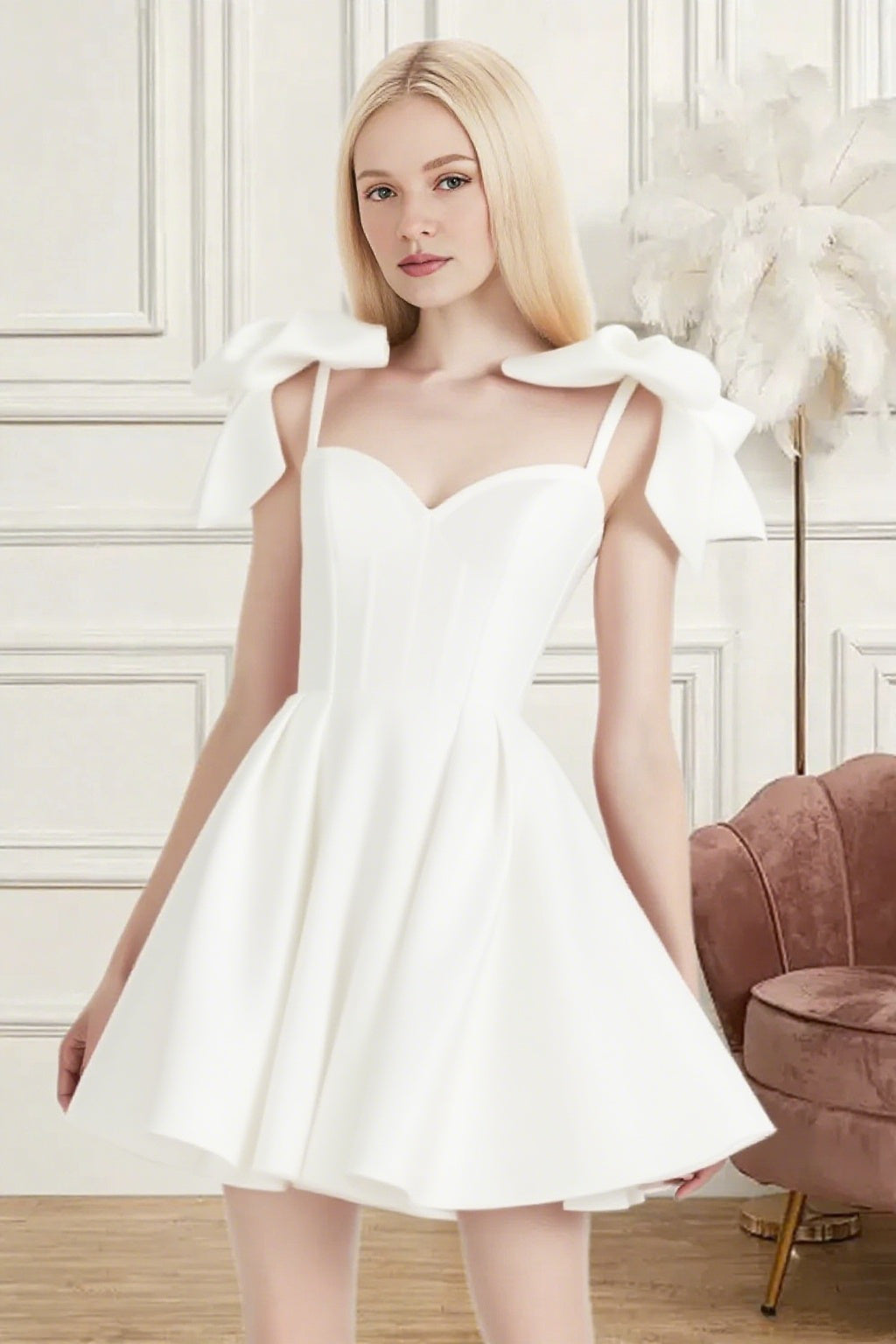 Dressime A Line Spaghetti Straps Bow Corset Satin Mini Homecoming Dress