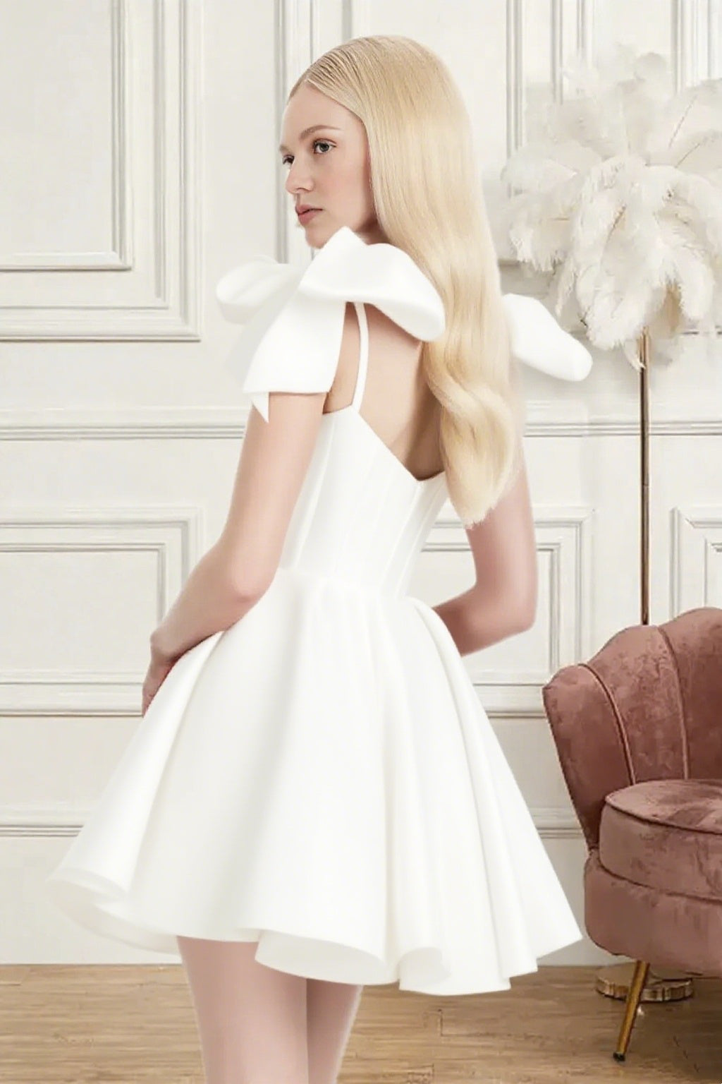 Dressime A Line Spaghetti Straps Bow Corset Satin Mini Homecoming Dress