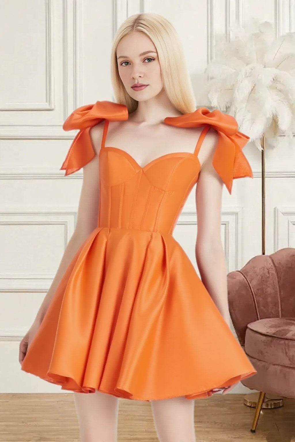 Dressime A Line Spaghetti Straps Bow Corset Satin Mini Homecoming Dress
