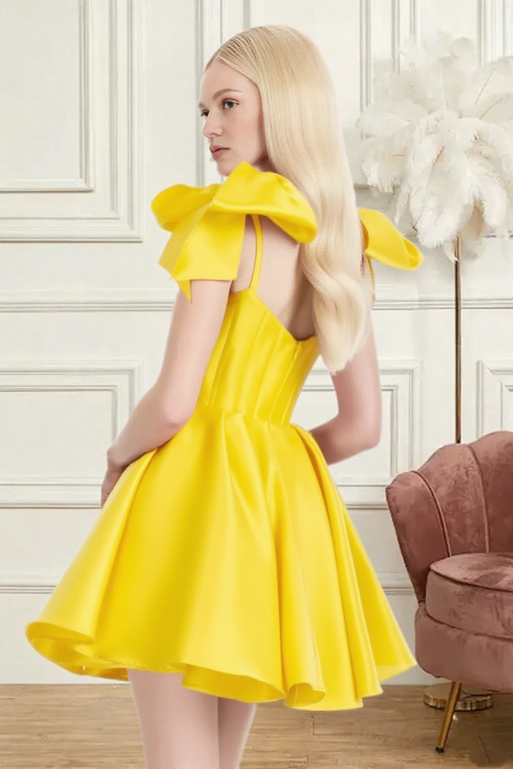 Dressime A Line Spaghetti Straps Bow Corset Satin Mini Homecoming Dress