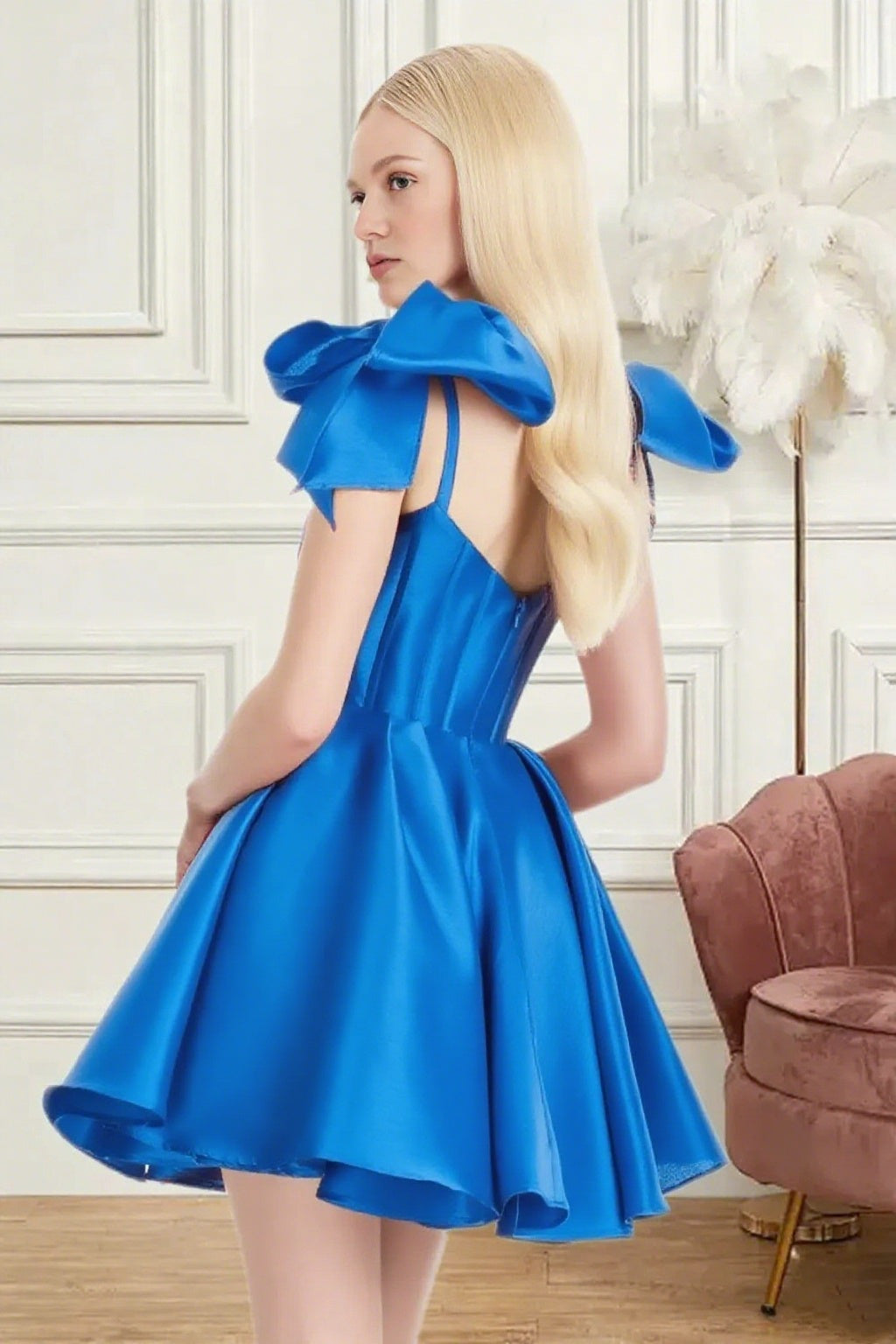Dressime A Line Spaghetti Straps Bow Corset Satin Mini Homecoming Dress