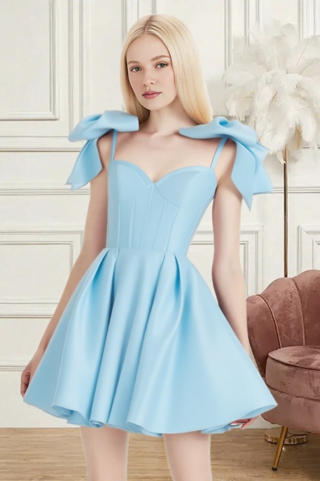 Dressime A Line Spaghetti Straps Bow Corset Satin Mini Homecoming Dress