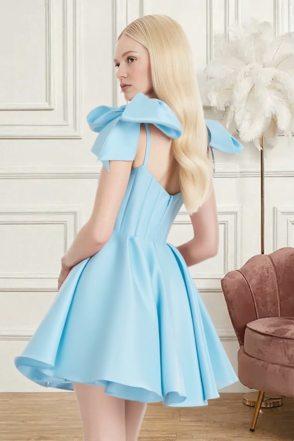 Dressime A Line Spaghetti Straps Bow Corset Satin Mini Homecoming Dress