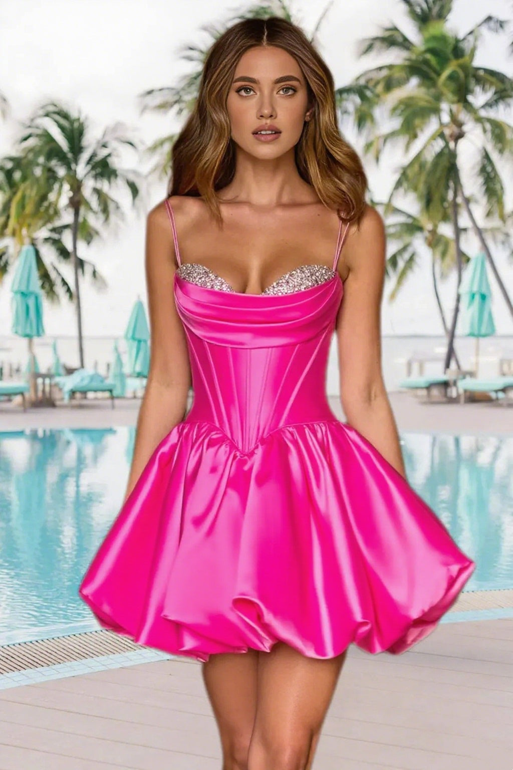 Dressime A Line Spaghetti Straps Corset Bodice Bubble Mini Homecoming Dress