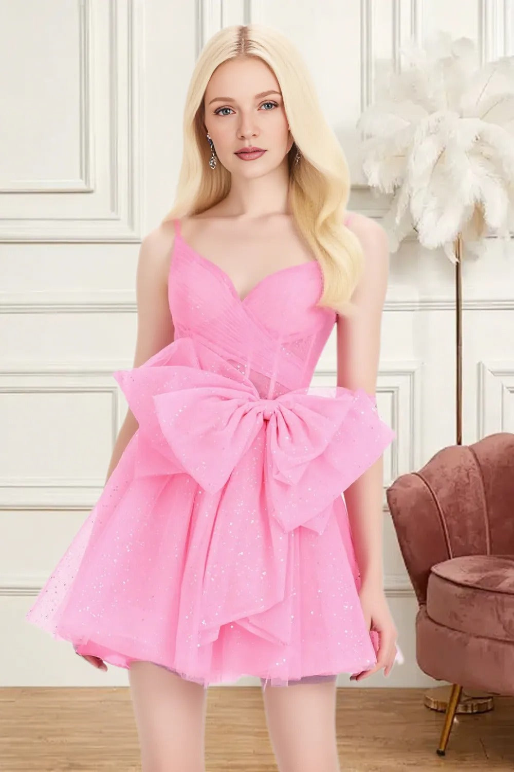 Dressime A Line Spaghetti Straps Corset Bow Tulle Mini Homecoming Dress