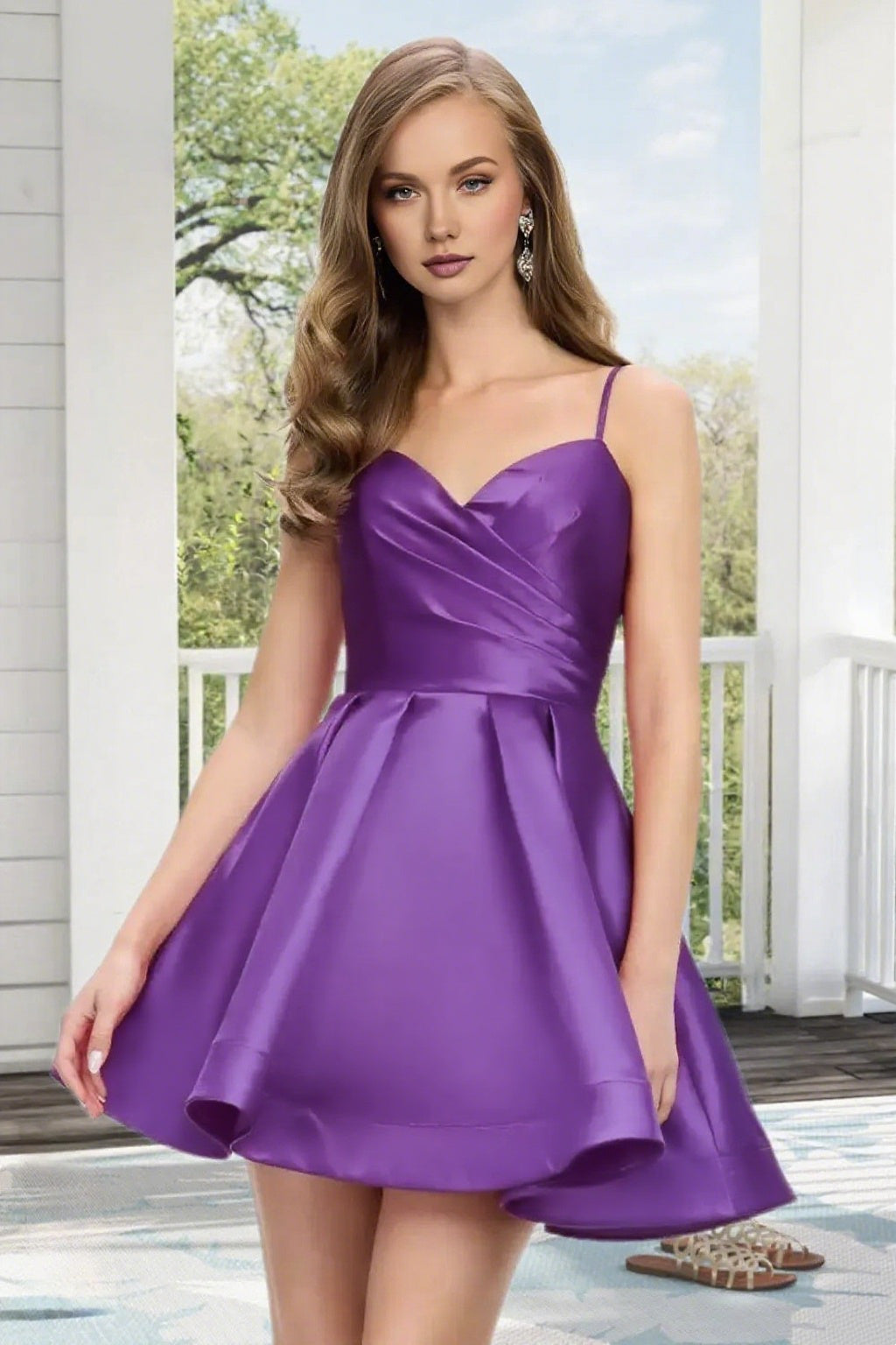 Dressime A Line Spaghetti Straps Corset Draped Satin Mini Homecoming Dress