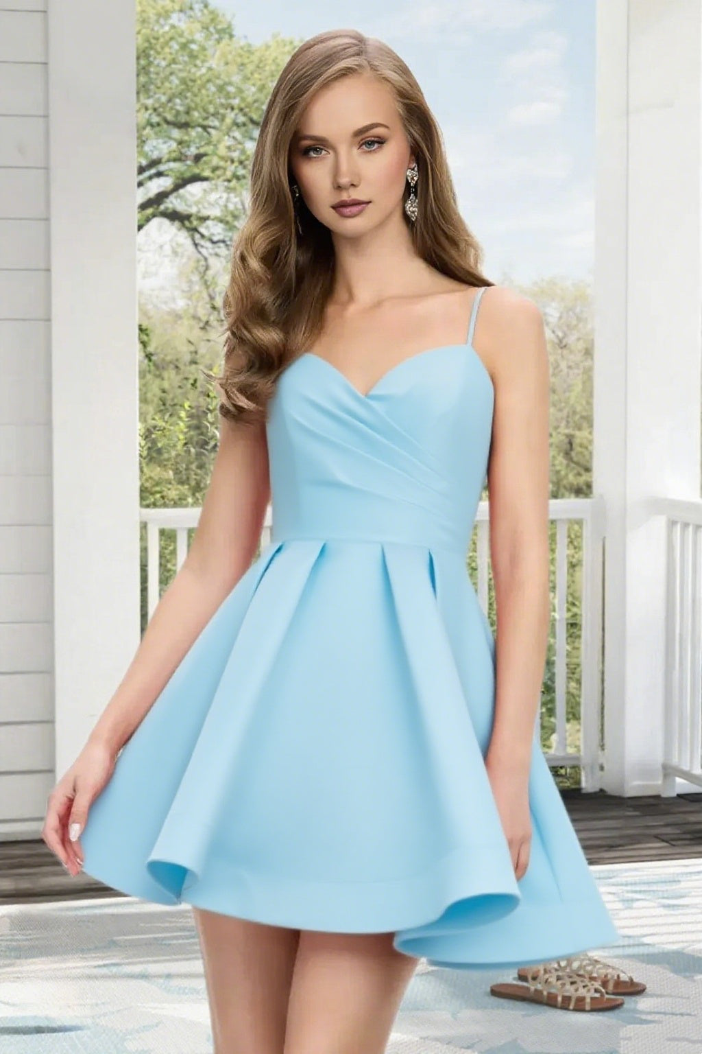 Dressime A Line Spaghetti Straps Corset Draped Satin Mini Homecoming Dress