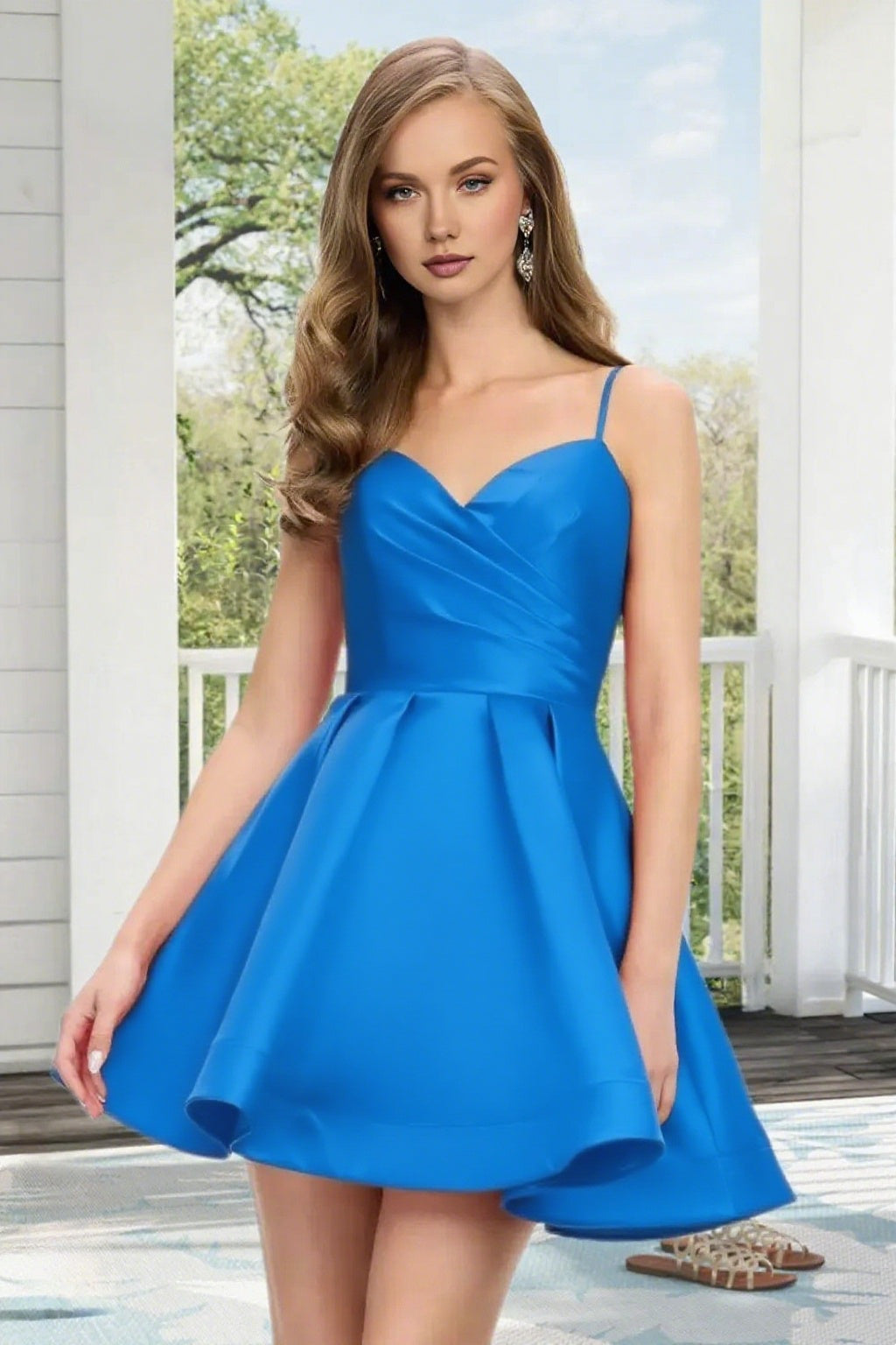 Dressime A Line Spaghetti Straps Corset Draped Satin Mini Homecoming Dress