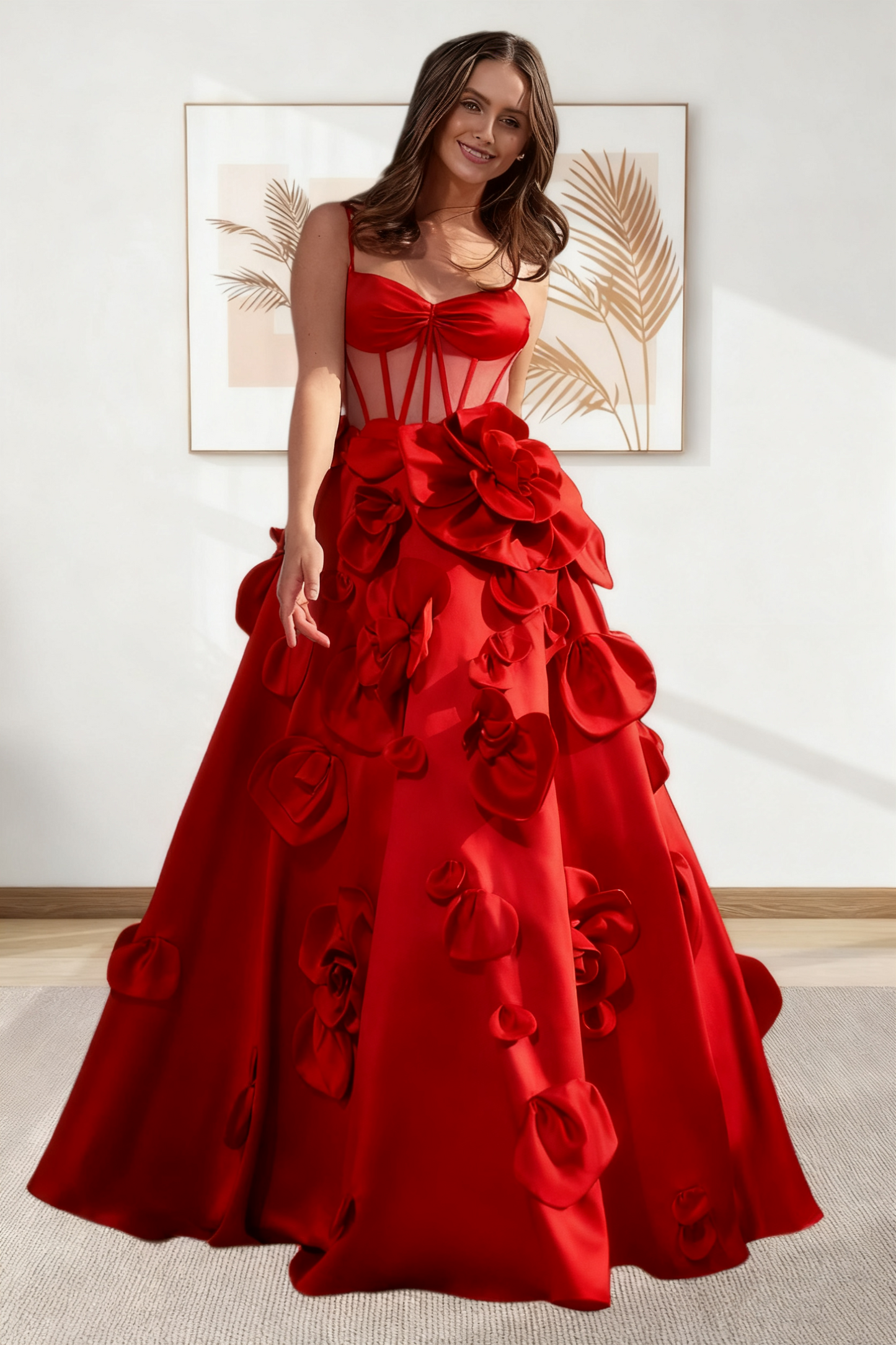 Dressime A Line Spaghetti Straps Corset Satin Long Prom Dress With 3D Flowers