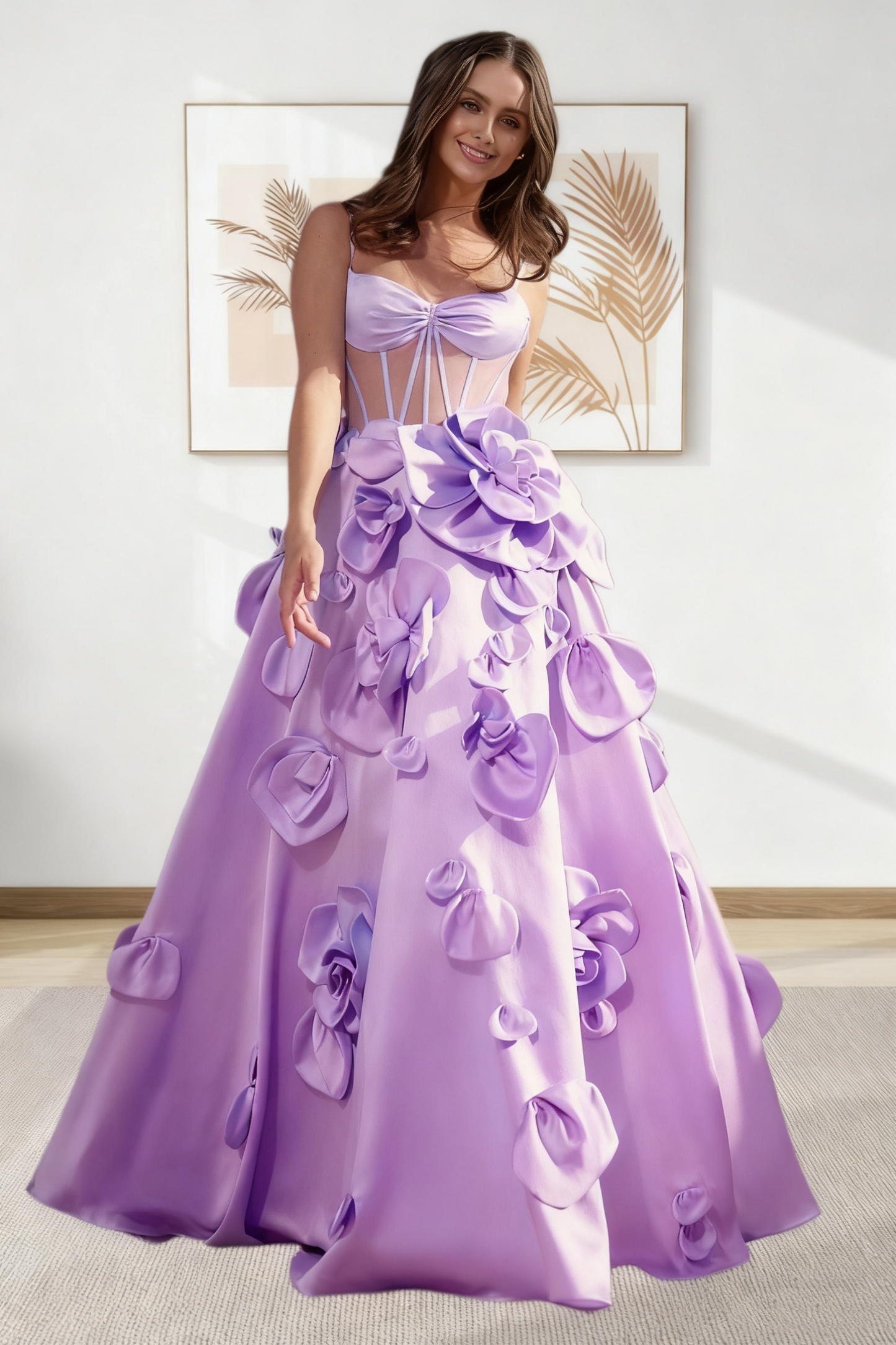 Dressime A Line Spaghetti Straps Corset Satin Long Prom Dress With 3D Flowers