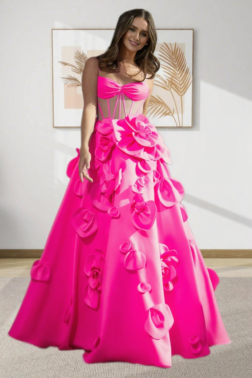 Dressime A Line Spaghetti Straps Corset Satin Long Prom Dress With 3D Flowers