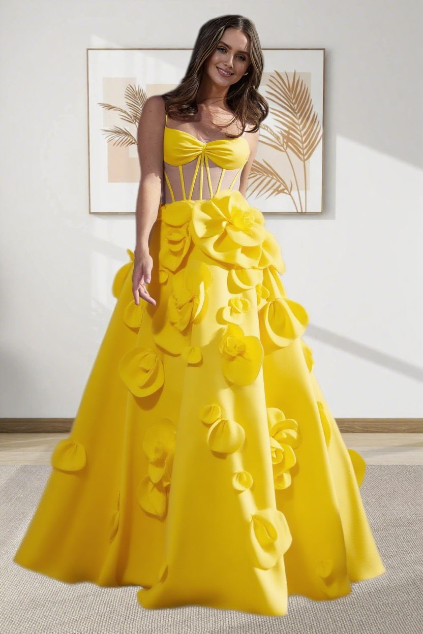 Dressime A Line Spaghetti Straps Corset Satin Long Prom Dress With 3D Flowers