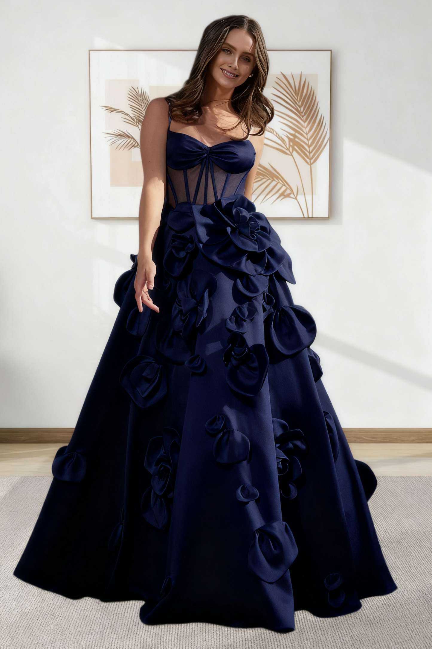 Dressime A Line Spaghetti Straps Corset Satin Long Prom Dress With 3D Flowers
