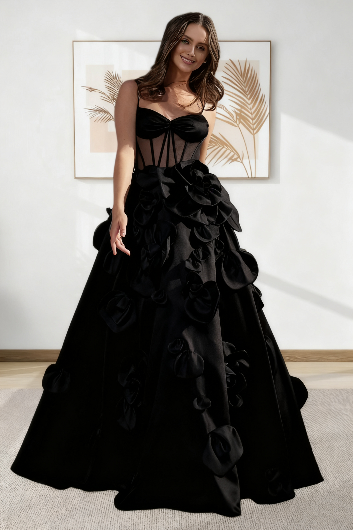 Dressime A Line Spaghetti Straps Corset Satin Long Prom Dress With 3D Flowers
