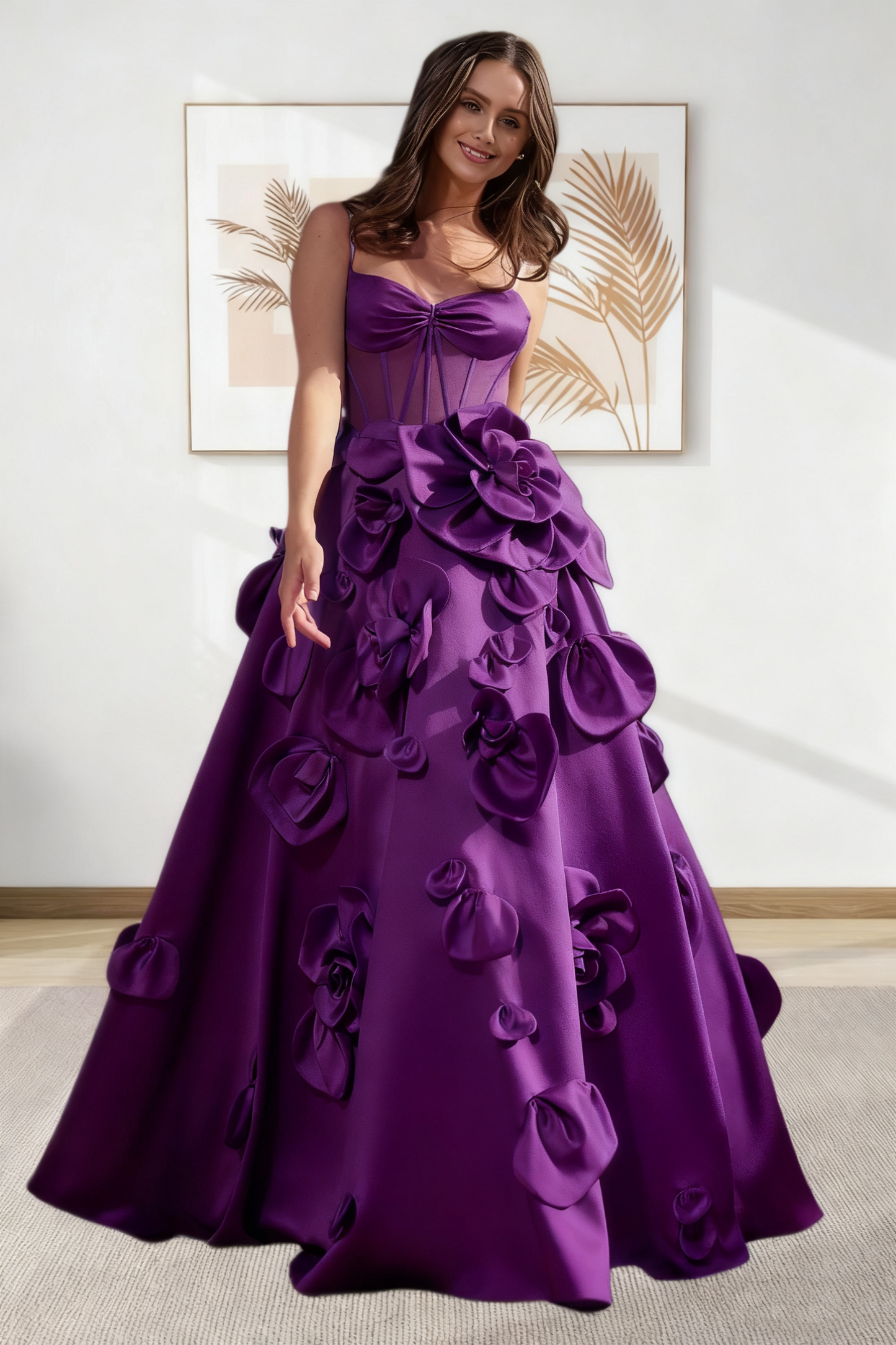 Dressime A Line Spaghetti Straps Corset Satin Long Prom Dress With 3D Flowers