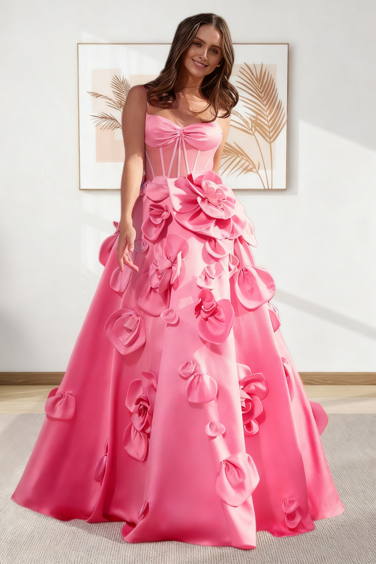 Dressime A Line Spaghetti Straps Corset Satin Long Prom Dress With 3D Flowers