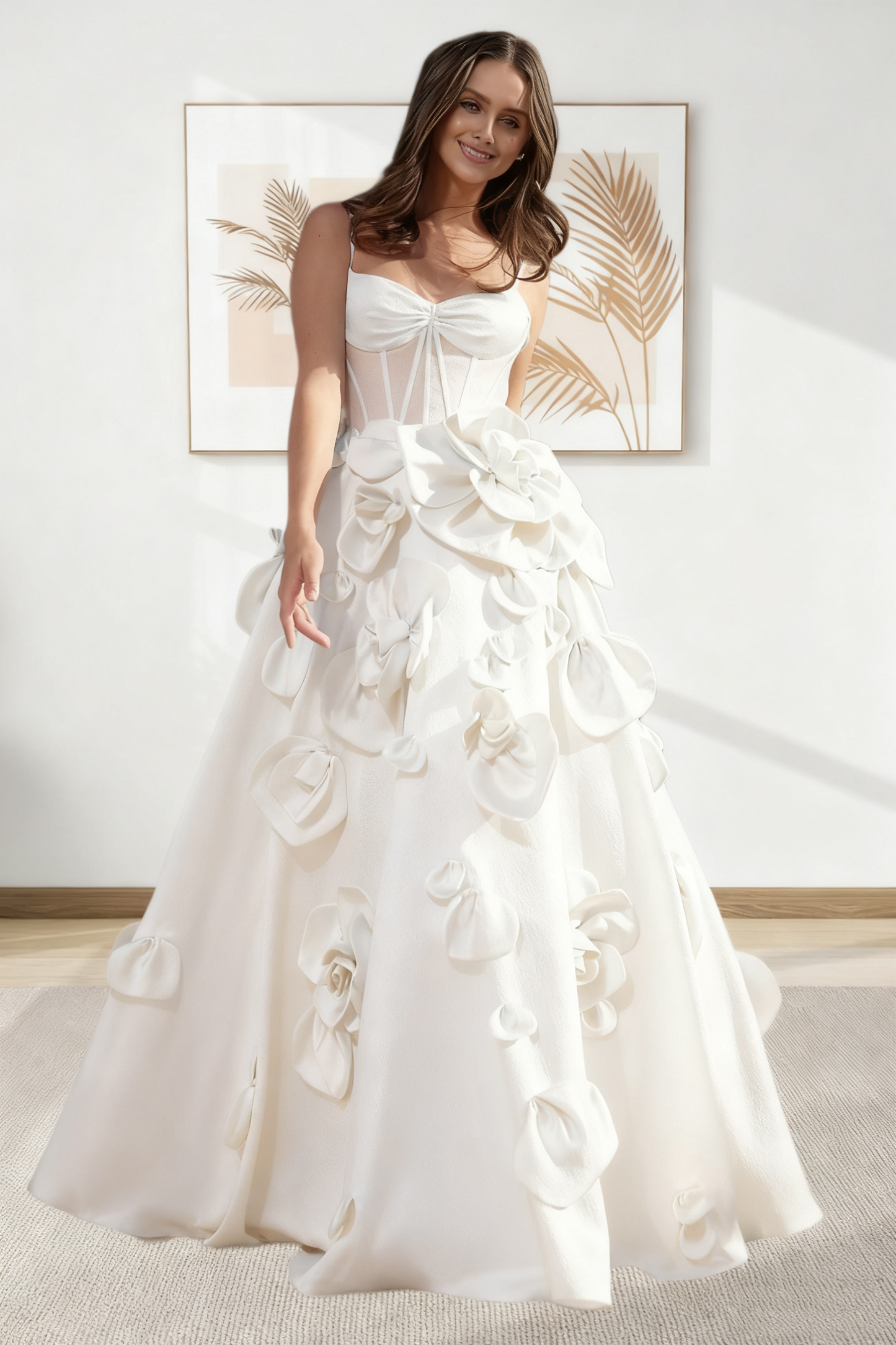 Dressime A Line Spaghetti Straps Corset Satin Long Prom Dress With 3D Flowers