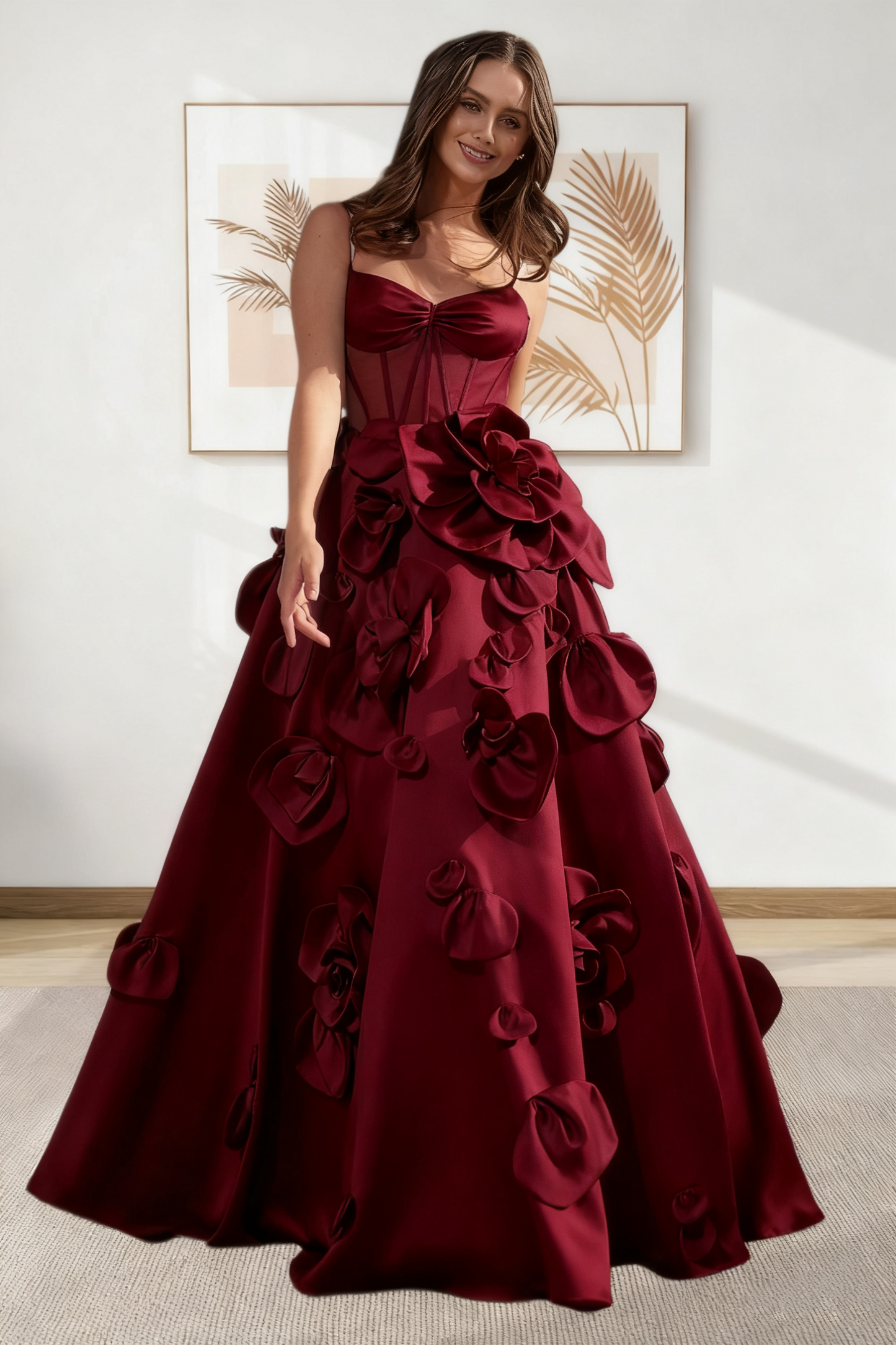 Dressime A Line Spaghetti Straps Corset Satin Long Prom Dress With 3D Flowers