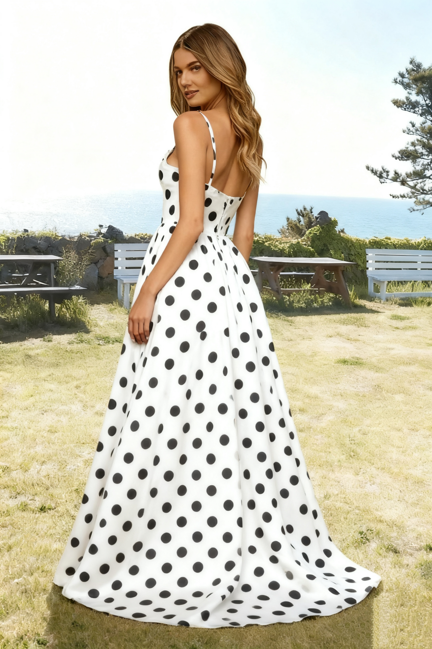 Dressime A Line Spaghetti Straps Keyhole Polka Dots Long Prom Dress