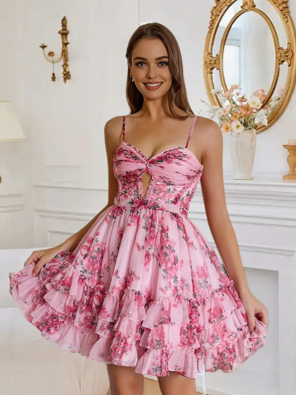 Dressime A Line Spaghetti Straps Keyhole Printed Tiered Mini Homecoming Dress