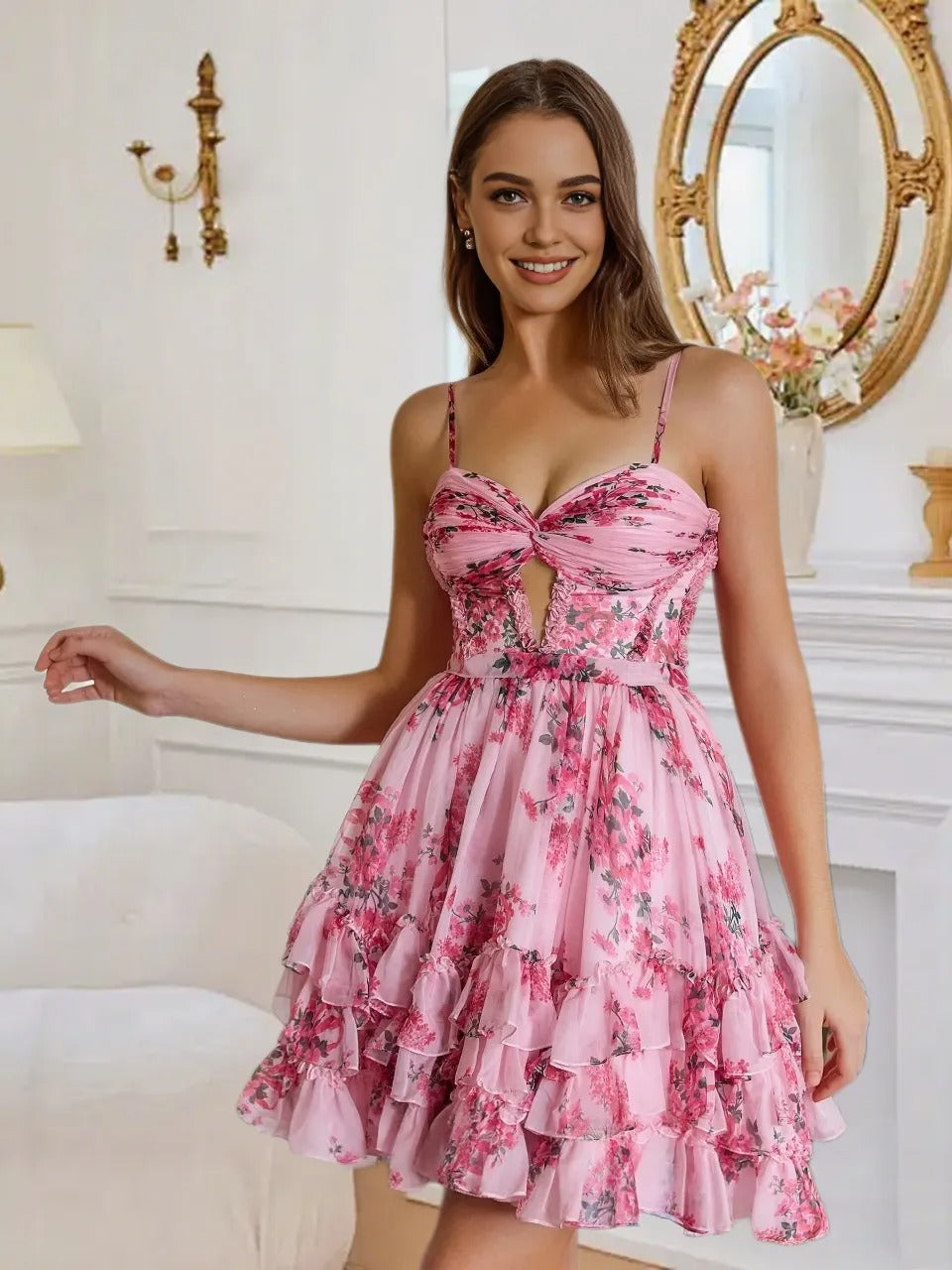 Dressime A Line Spaghetti Straps Keyhole Printed Tiered Mini Homecoming Dress