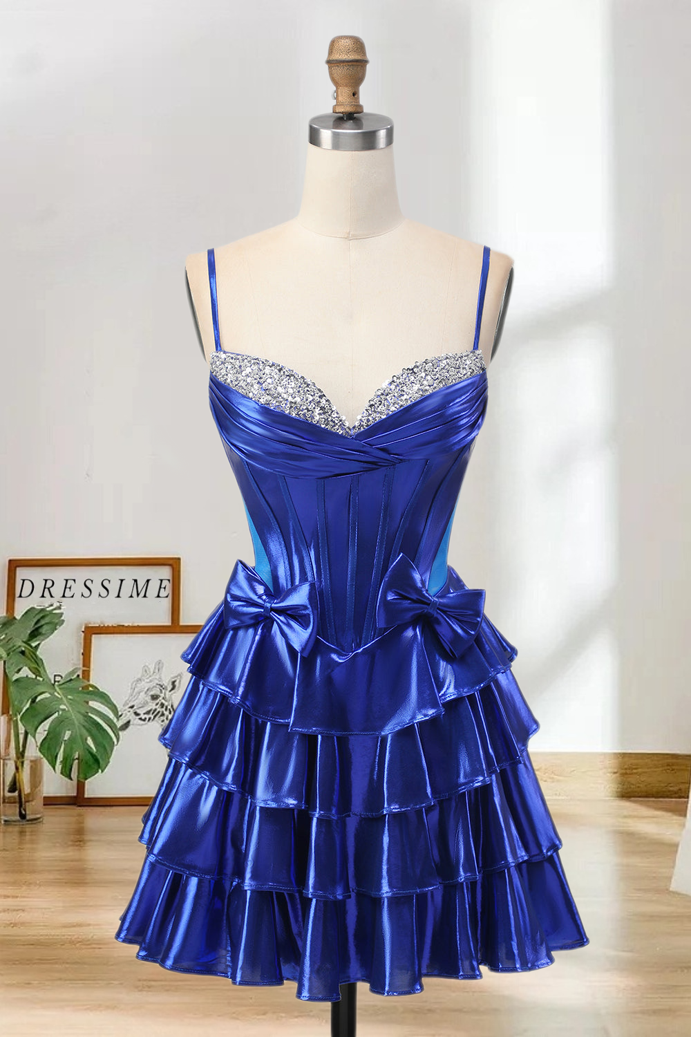Dressime A Line Spaghetti Straps Metallic Corset Bow Tiered Mini Homecoming Dress