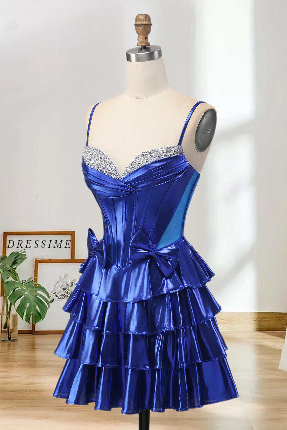 Dressime A Line Spaghetti Straps Metallic Corset Bow Tiered Mini Homecoming Dress