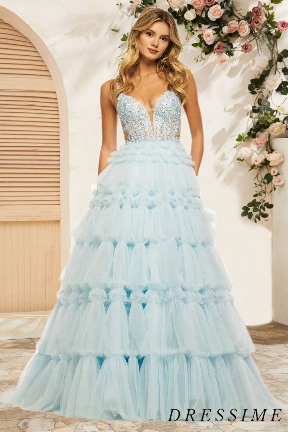 Dressime A Line Spaghetti Straps Tulle Appliqued Tiered Prom Dresses