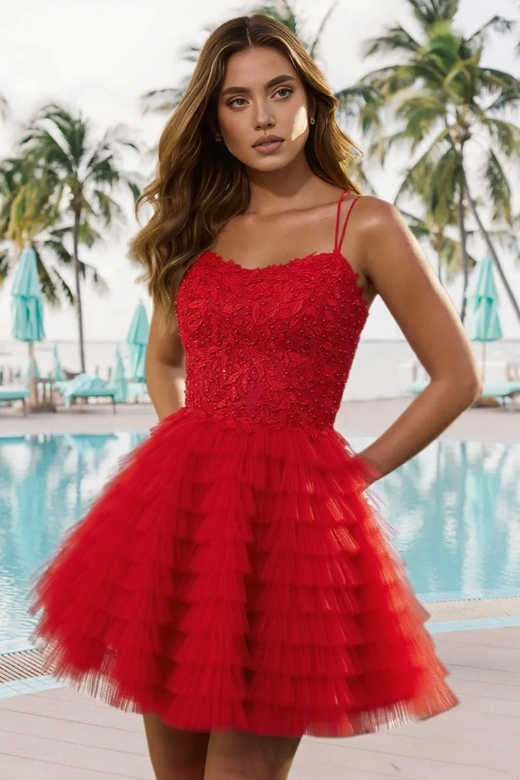 Dressime A Line Spaghetti Straps Tulle Ruffle Tiered Short/Mini Homecoming Dress With Appliques
