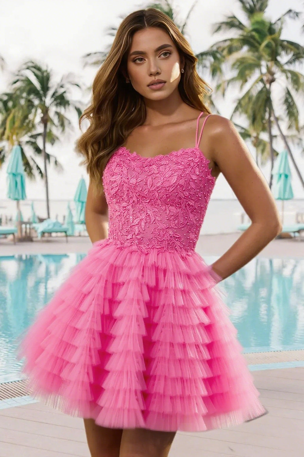Dressime A Line Spaghetti Straps Tulle Ruffle Tiered Short/Mini Homecoming Dress With Appliques