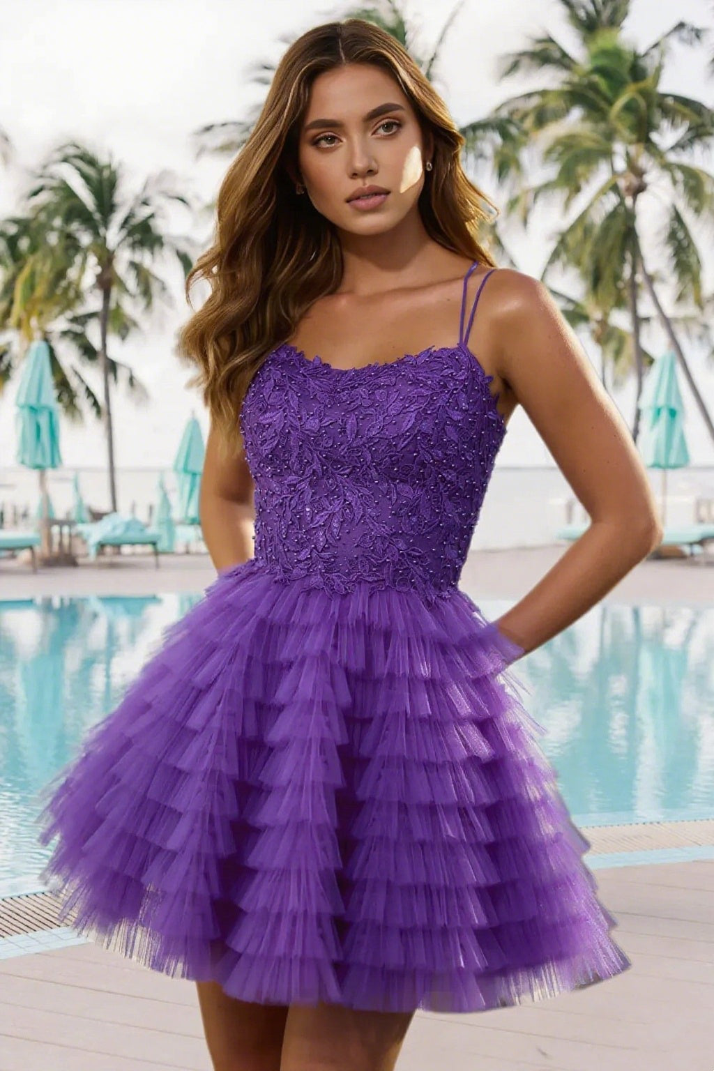 Dressime A Line Spaghetti Straps Tulle Ruffle Tiered Short/Mini Homecoming Dress With Appliques
