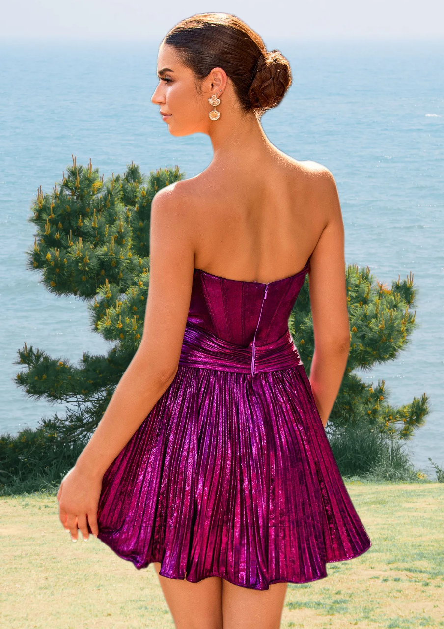 Dressime A Line Square Neck Metallic Pleated Mini Homecoming Dress