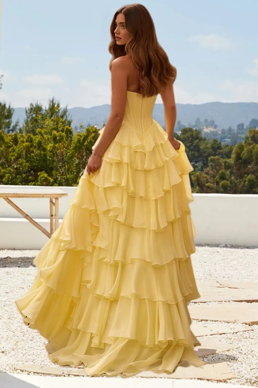 Dressime A Line Strapless Appliques Chiffon Corset Tiered Long Prom Dress