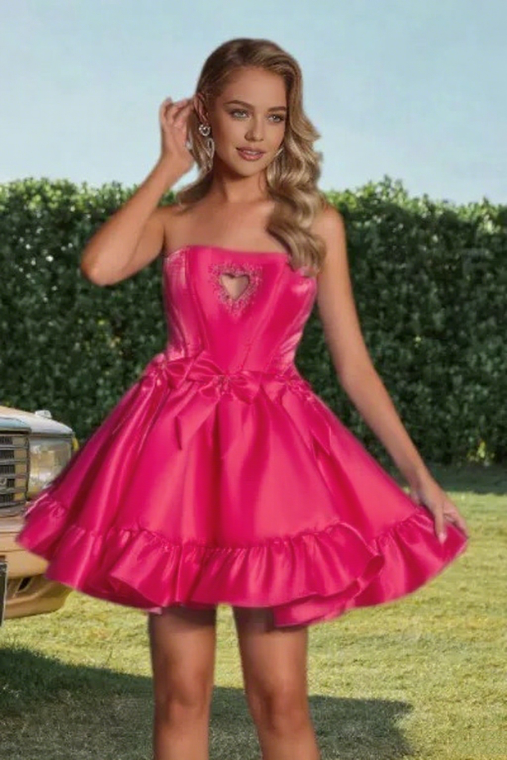Dressime A Line Strapless Beaded Keyhole Bow Mini Homecoming Dress
