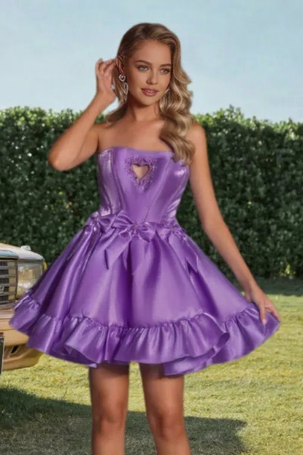 Dressime A Line Strapless Beaded Keyhole Bow Mini Homecoming Dress