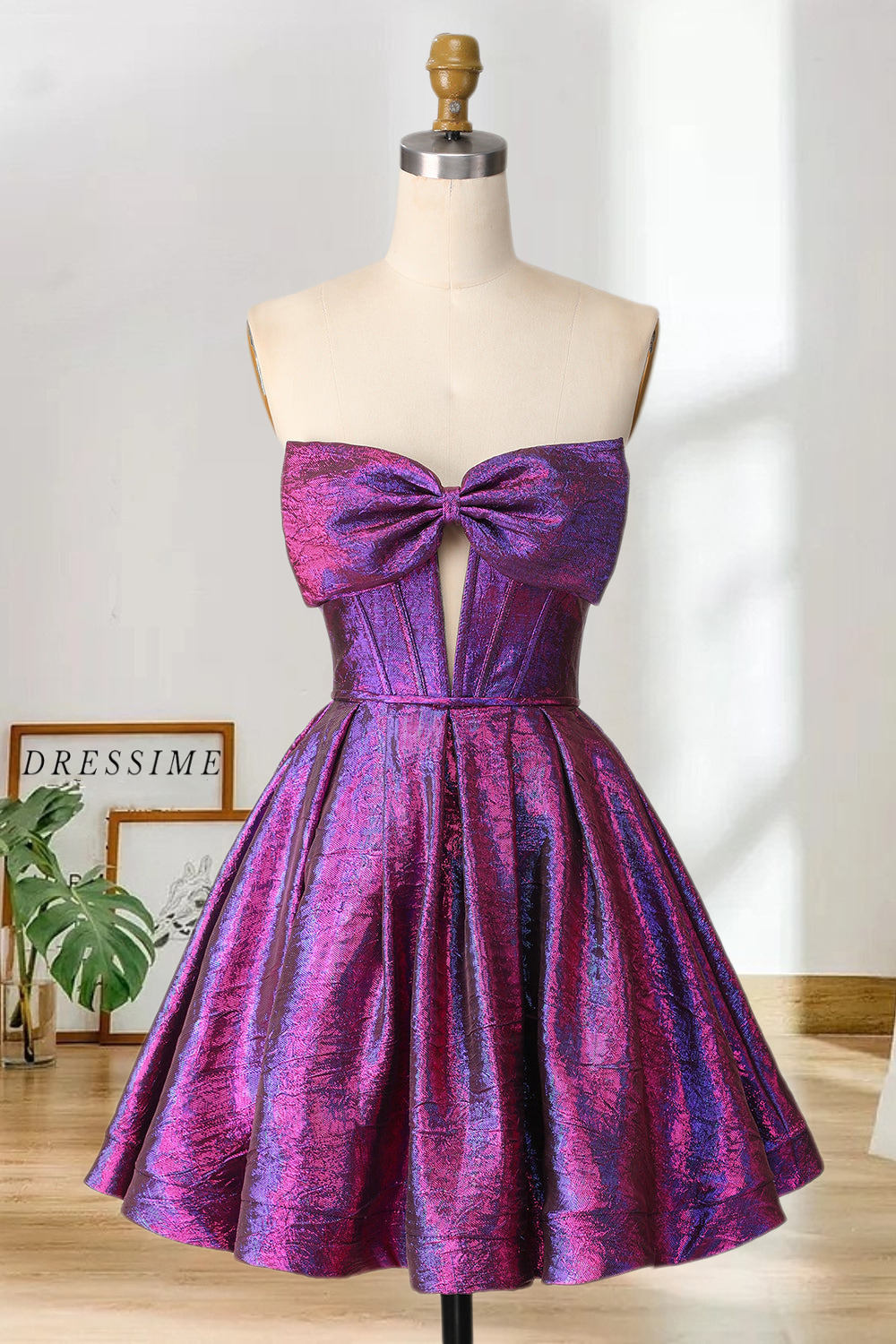 Dressime A Line Strapless Bowknot Metallic Mini Homecoming Dress