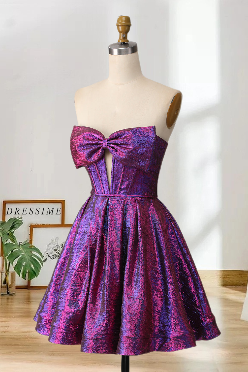 Dressime A Line Strapless Bowknot Metallic Mini Homecoming Dress