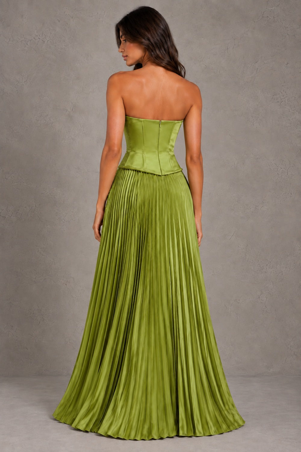 Dressime A Line Strapless Bustier Satin Corset Pleated Maxi Formal Dresses