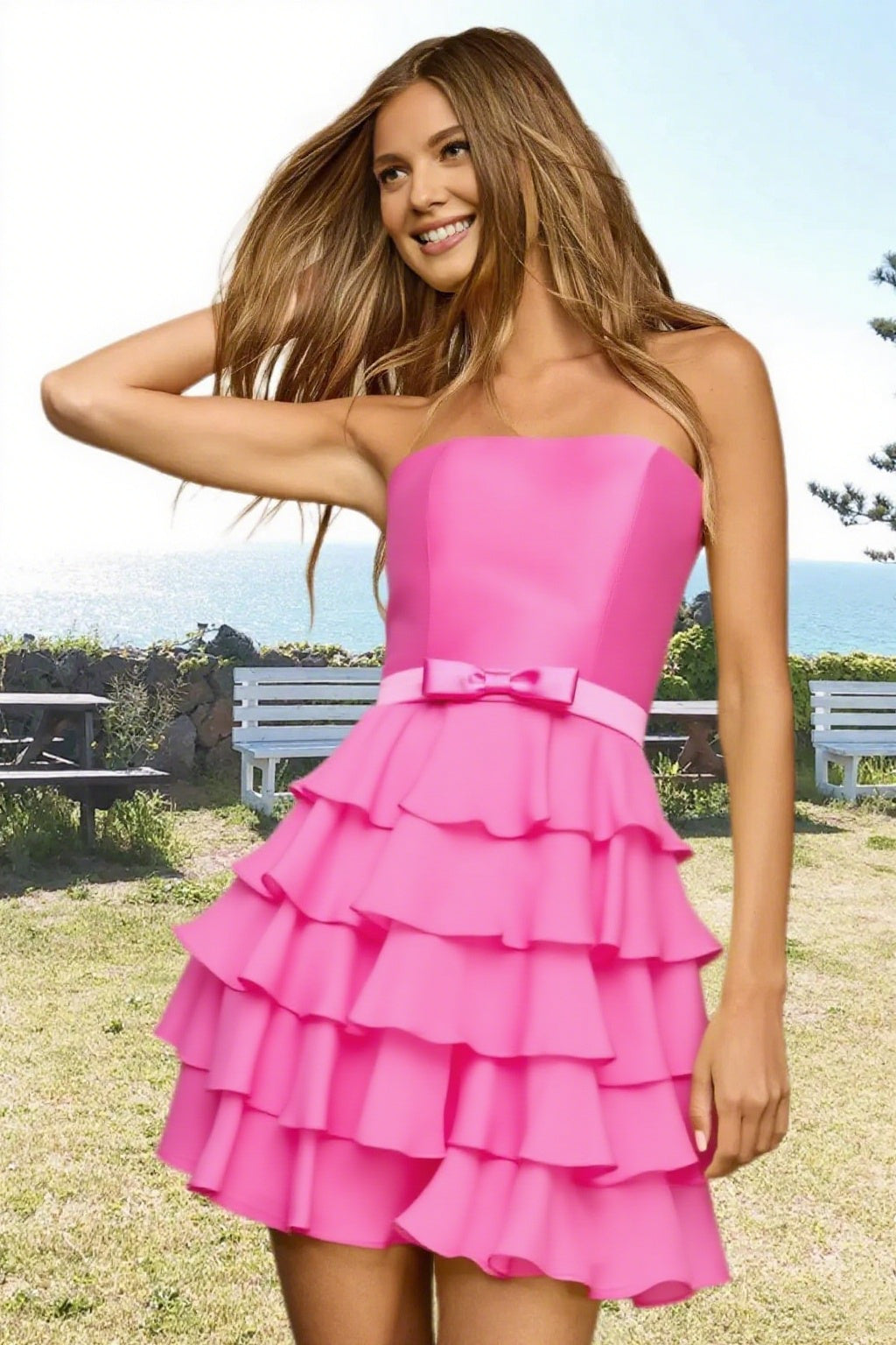 Dressime A Line Strapless Chiffon Bow Ruffled Tiered Mini Homecoming Dress