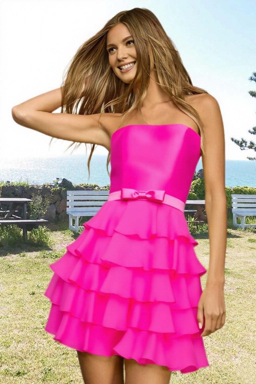 Dressime A Line Strapless Chiffon Bow Ruffled Tiered Mini Homecoming Dress