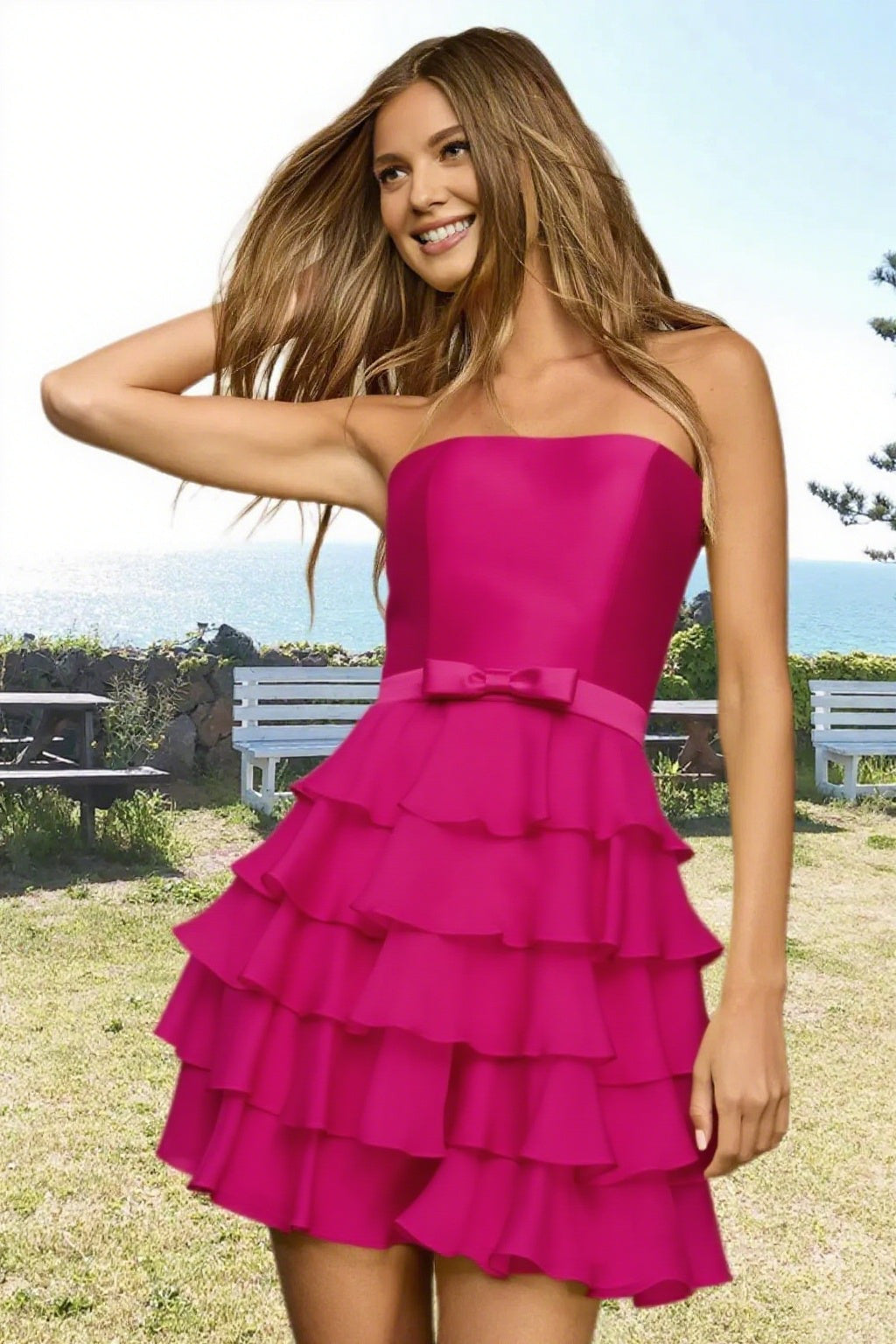 Dressime A Line Strapless Chiffon Bow Ruffled Tiered Mini Homecoming Dress