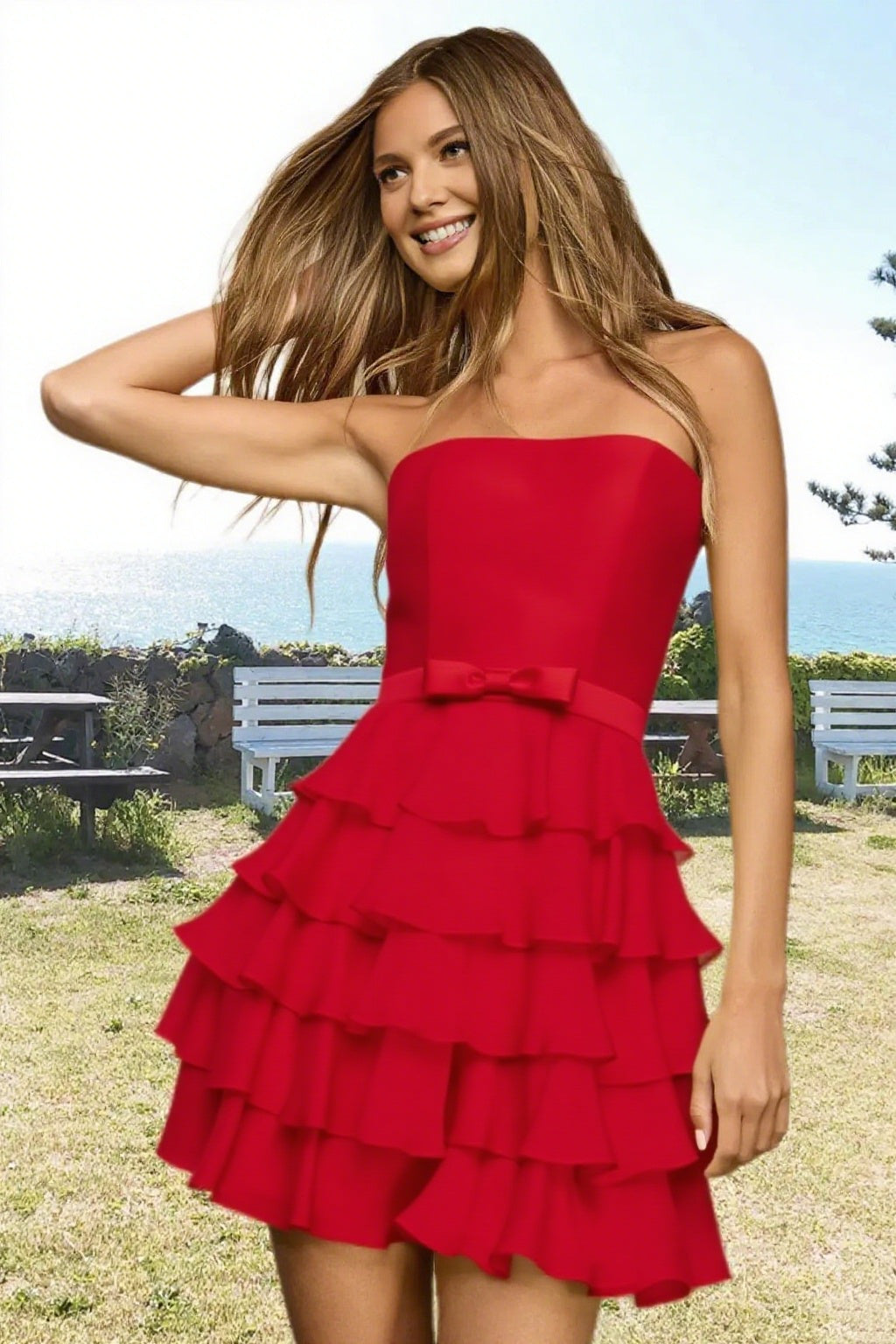 Dressime A Line Strapless Chiffon Bow Ruffled Tiered Mini Homecoming Dress